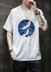 Original Design Silvery O-Neck Embroideried Ice Silk Mens T Shirts Summer
