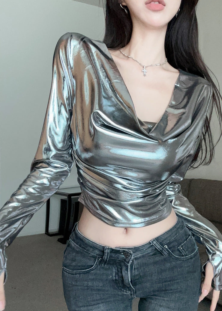 Original Design Silvery Turtle Neck Sexy Tops Spring