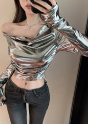 Original Design Silvery Turtle Neck Sexy Tops Spring