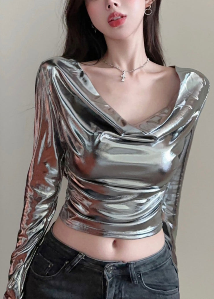 Original Design Silvery Turtle Neck Sexy Tops Spring