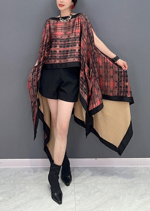 Original Design Slash Neck Asymmetrical Print Silk Tops Batwing Sleeve