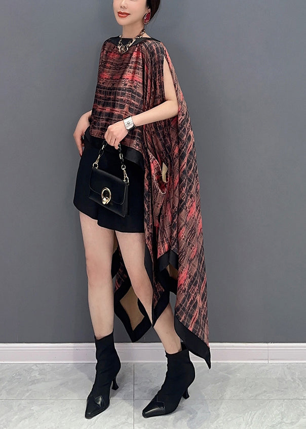 Original Design Slash Neck Asymmetrical Print Silk Tops Batwing Sleeve