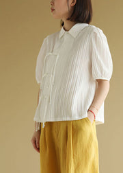 Original Design Solid White Peter Pan Collar Wrinkled Oriental Button Chiffon Top Short Sleeve