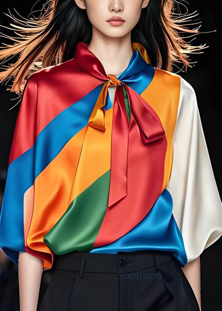 Original Design Style Colorblock Bow Silk Tops Summer