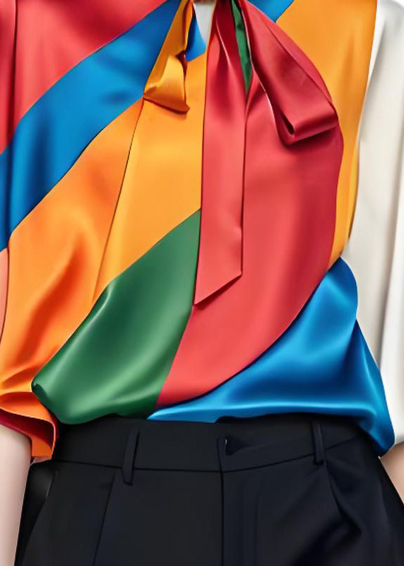 Original Design Style Colorblock Bow Silk Tops Summer