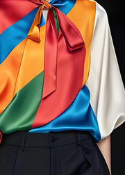 Original Design Style Colorblock Bow Silk Tops Summer