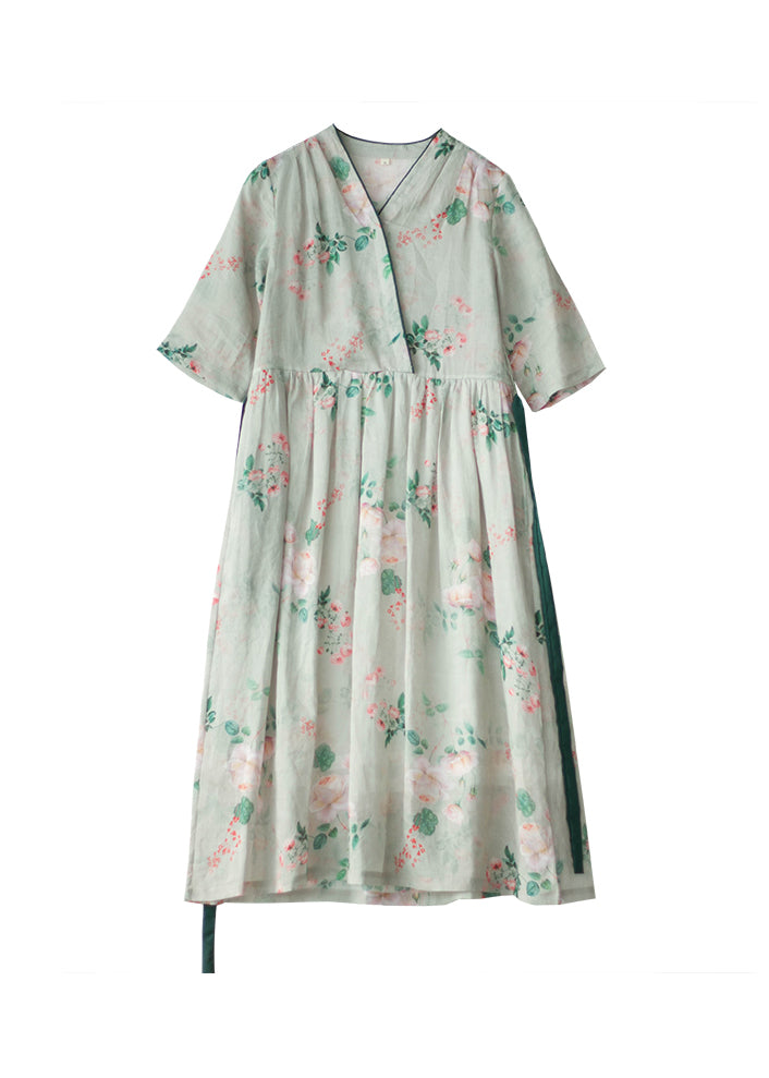 Original Design V Neck Print Tie Waist Patchwork Linen Dress Summer