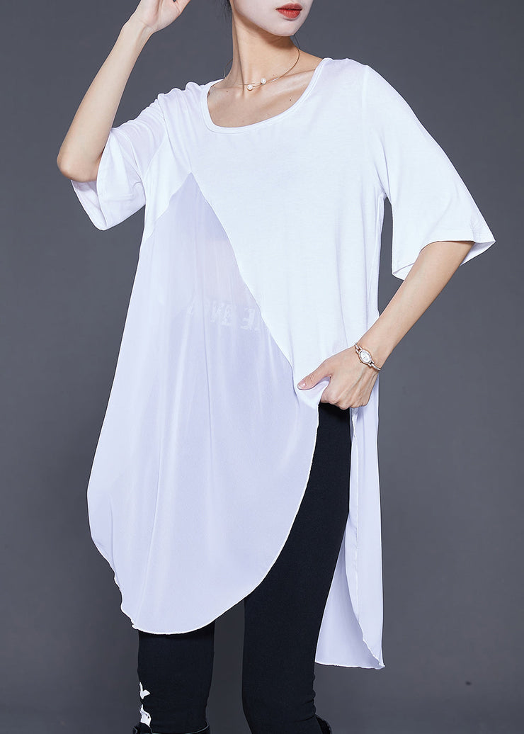 Original Design White Asymmetrical Patchwork Long Tanks Summer