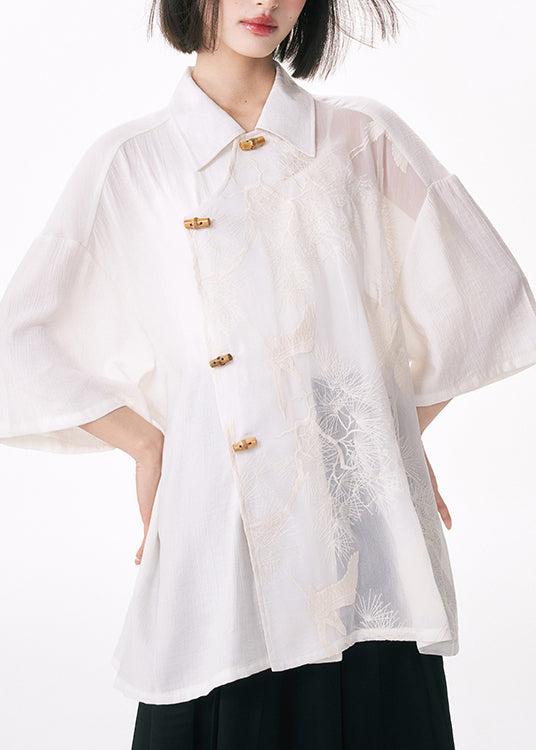 Original Design White Embroidered Tulle Patchwork Cotton Shirt Summer