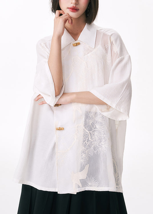 Original Design White Embroidered Tulle Patchwork Cotton Shirt Summer