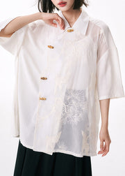 Original Design White Embroidered Tulle Patchwork Cotton Shirt Summer