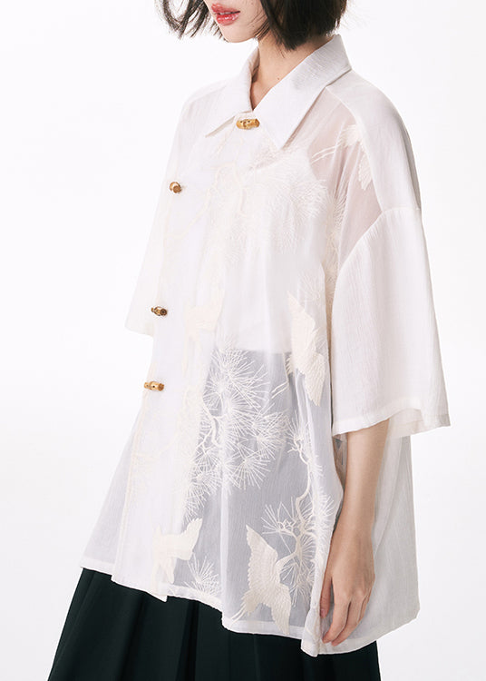 Original Design White Embroidered Tulle Patchwork Cotton Shirt Summer