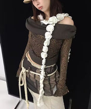 Original Design White Knit Floral Tassel Scarf