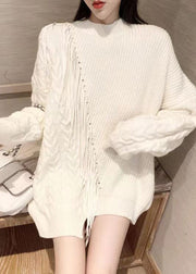 Original Design White O Neck Tasseled Patchwork Knit Sweater Fall