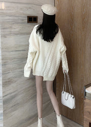 Original Design White O Neck Tasseled Patchwork Knit Sweater Fall