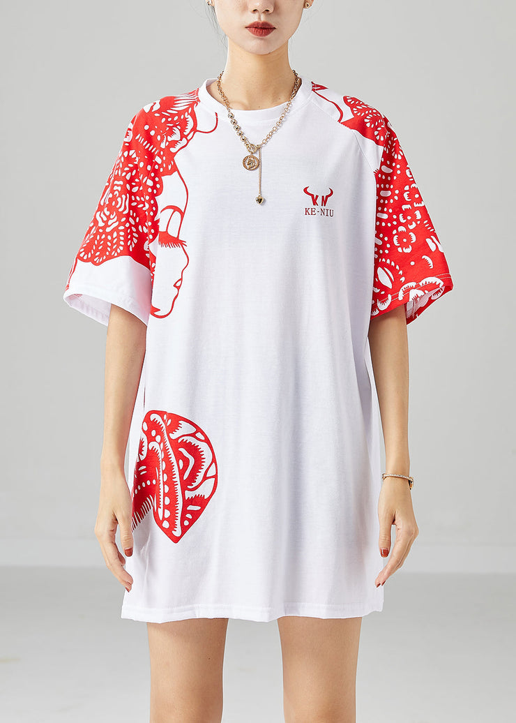 Original Design White Oversized Print Cotton Tops Summer