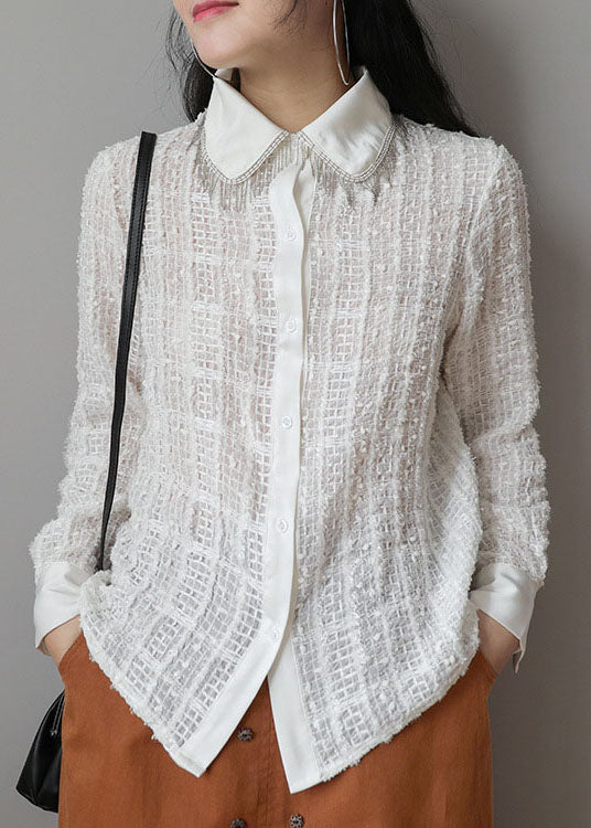 Original Design White Peter Pan Collar Plaid Tassel Cotton Shirts Long Sleeve