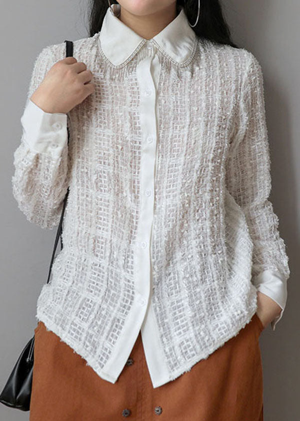 Original Design White Peter Pan Collar Plaid Tassel Cotton Shirts Long Sleeve