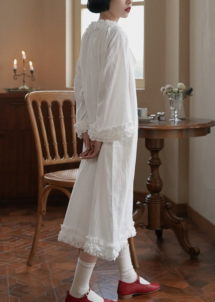 Original Design White Ruffled Patchwork Cotton Long Dress Fall