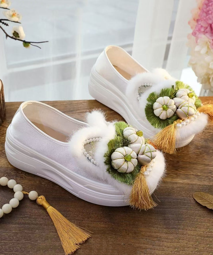 Original Design White Tassel Nail Bead Platform Shoes