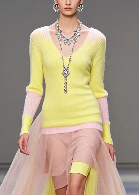 Original Design Yellow Asymmetrical Patchwork Tulle Knitted Dress Fall