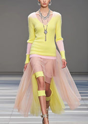 Original Design Yellow Asymmetrical Patchwork Tulle Knitted Dress Fall