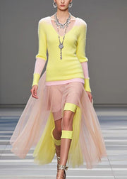 Original Design Yellow Asymmetrical Patchwork Tulle Knitted Dress Fall