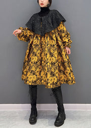 Original Design Yellow Turn-down Collar Jacquard Silk Dresses Spring