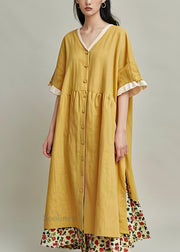 Original Design Yellow V Neck Button Patchwork Cotton Dresses Summer