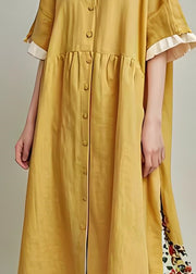 Original Design Yellow V Neck Button Patchwork Cotton Dresses Summer