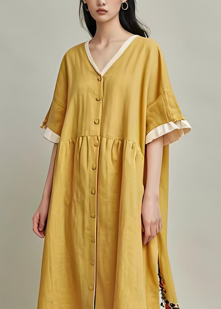 Original Design Yellow V Neck Button Patchwork Cotton Dresses Summer