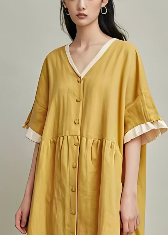 Original Design Yellow V Neck Button Patchwork Cotton Dresses Summer