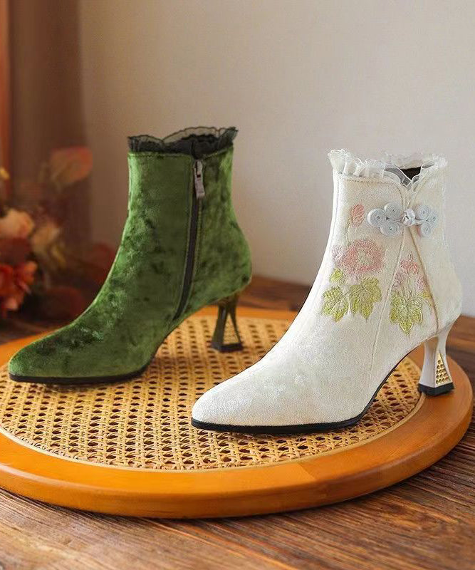Original Ethnic Style Green Embroidered High Heeled Short Boots