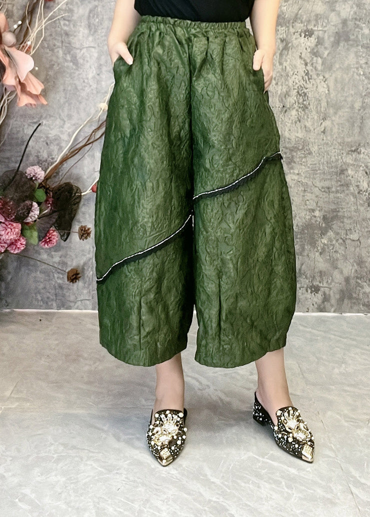 Original Green Jacquard Patchwork Asymmetrical Crop Wide Leg Pants Summer