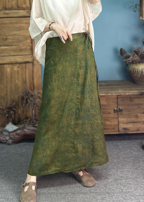 Original Green Linen Printed One Piece Strappy Long Skirt Summer