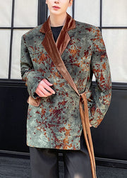 Original Green Notched Lace Up Silk Velour Mens Coats Spring