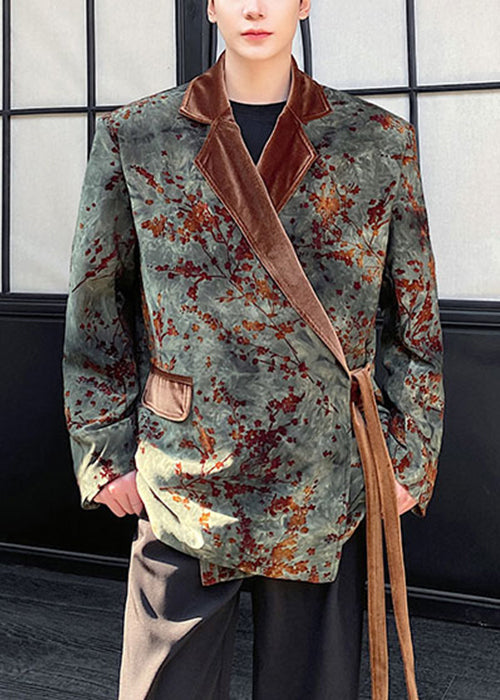 Original Green Notched Lace Up Silk Velour Mens Coats Spring