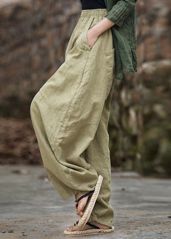 Original Green Pockets Elastic Waist Patchwork Linen Pants Summer