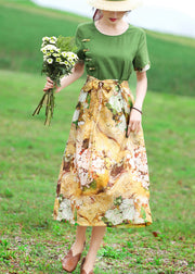 Original Green Print Patchwork Tie Waist Cotton Dress Summer