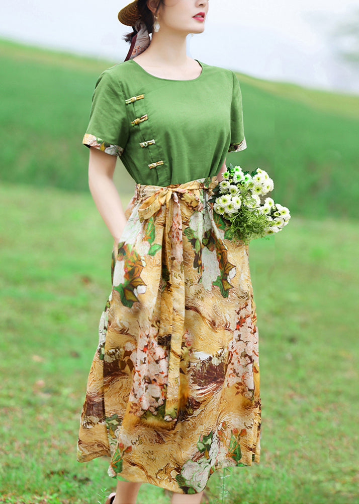 Original Green Print Patchwork Tie Waist Cotton Dress Summer