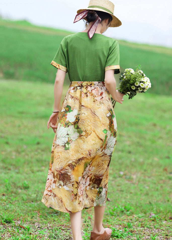 Original Green Print Patchwork Tie Waist Cotton Dress Summer
