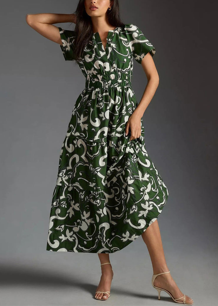 Original Green Print Pockets Cotton Long Dress Summer