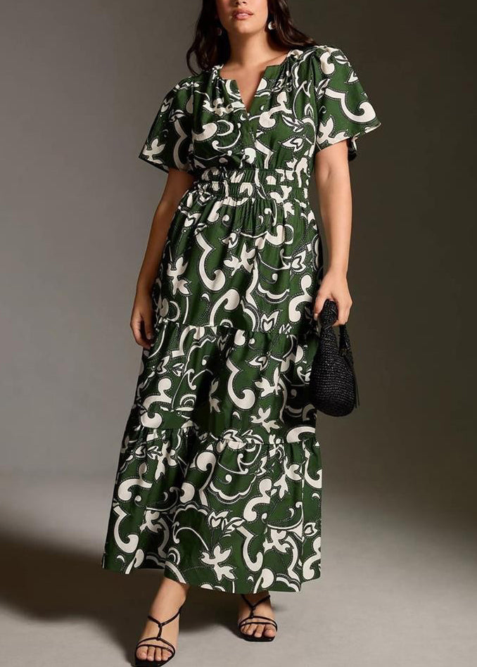 Original Green Print Pockets Cotton Long Dress Summer