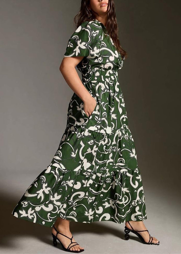 Original Green Print Pockets Cotton Long Dress Summer