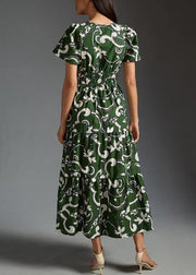 Original Green Print Pockets Cotton Long Dress Summer