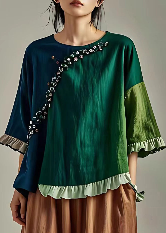 Original Green Ruffled Patchwork Linen Shirt Butterfly Sleeve