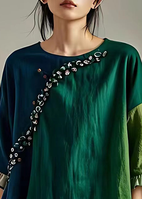 Original Green Ruffled Patchwork Linen Shirt Butterfly Sleeve