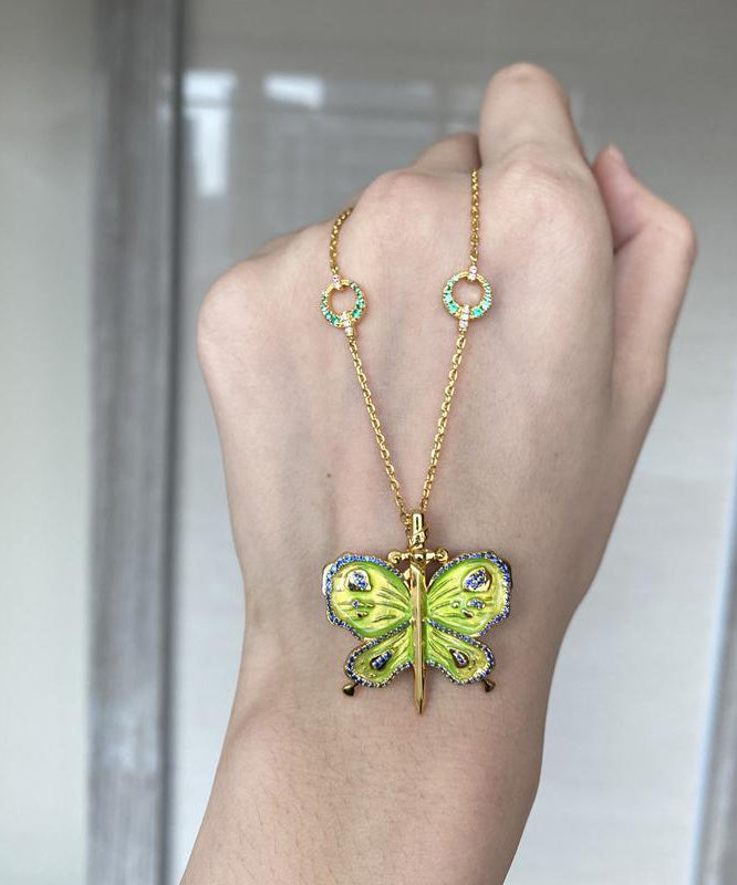 Original Green Sterling Silver Overgild Enamel Butterfly Pendant Necklace