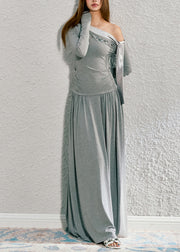 Original Grey Cold Shoulder Lace Up Patchwork Cotton Long Dress Spring