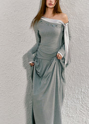 Original Grey Cold Shoulder Lace Up Patchwork Cotton Long Dress Spring